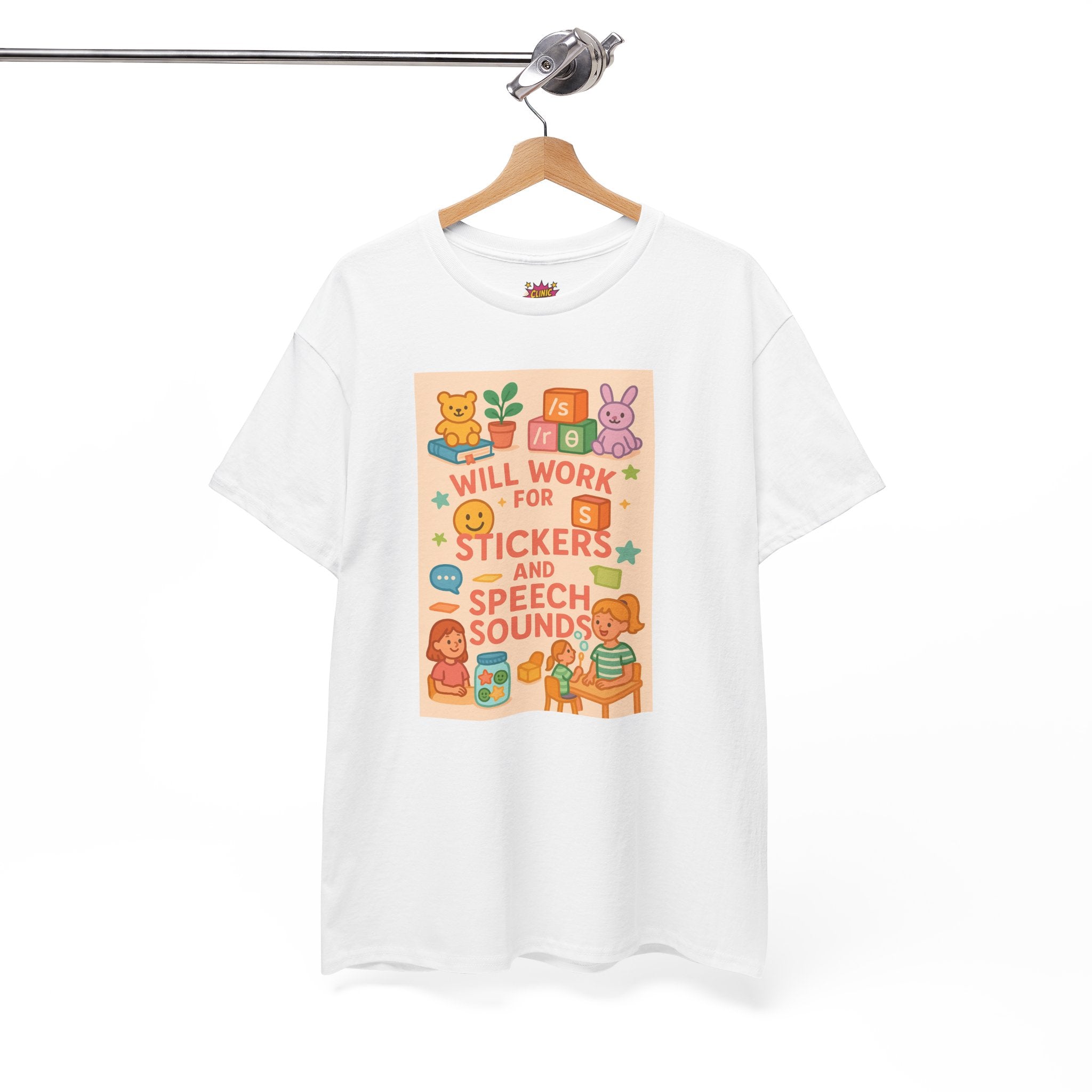 Unisex Heavy Cotton Tee - Speech Therapy "Will Work For Stickers and Speech Sounds"