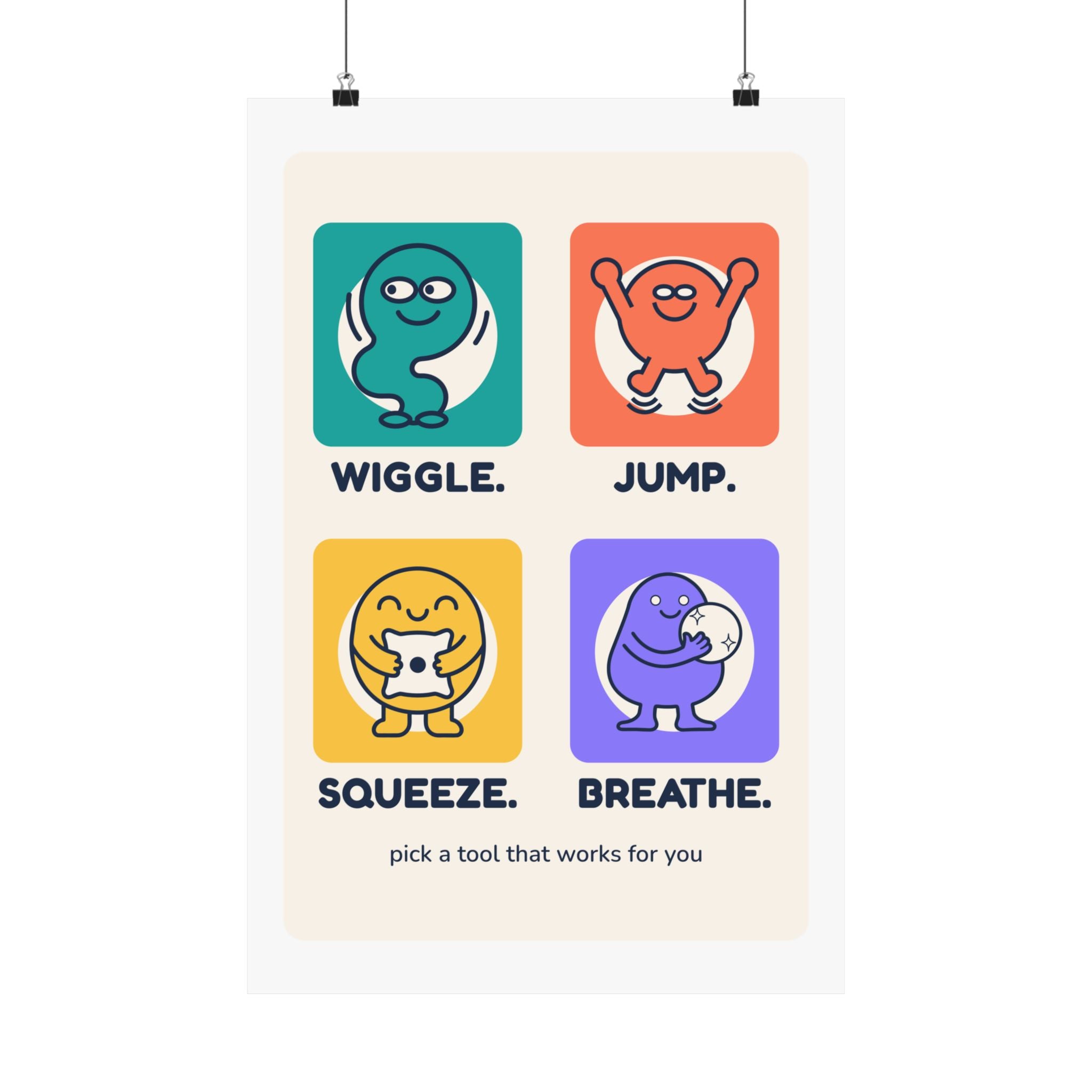 Wiggle Jump Squeeze Breathe Poster — Therapy Clinic Decor