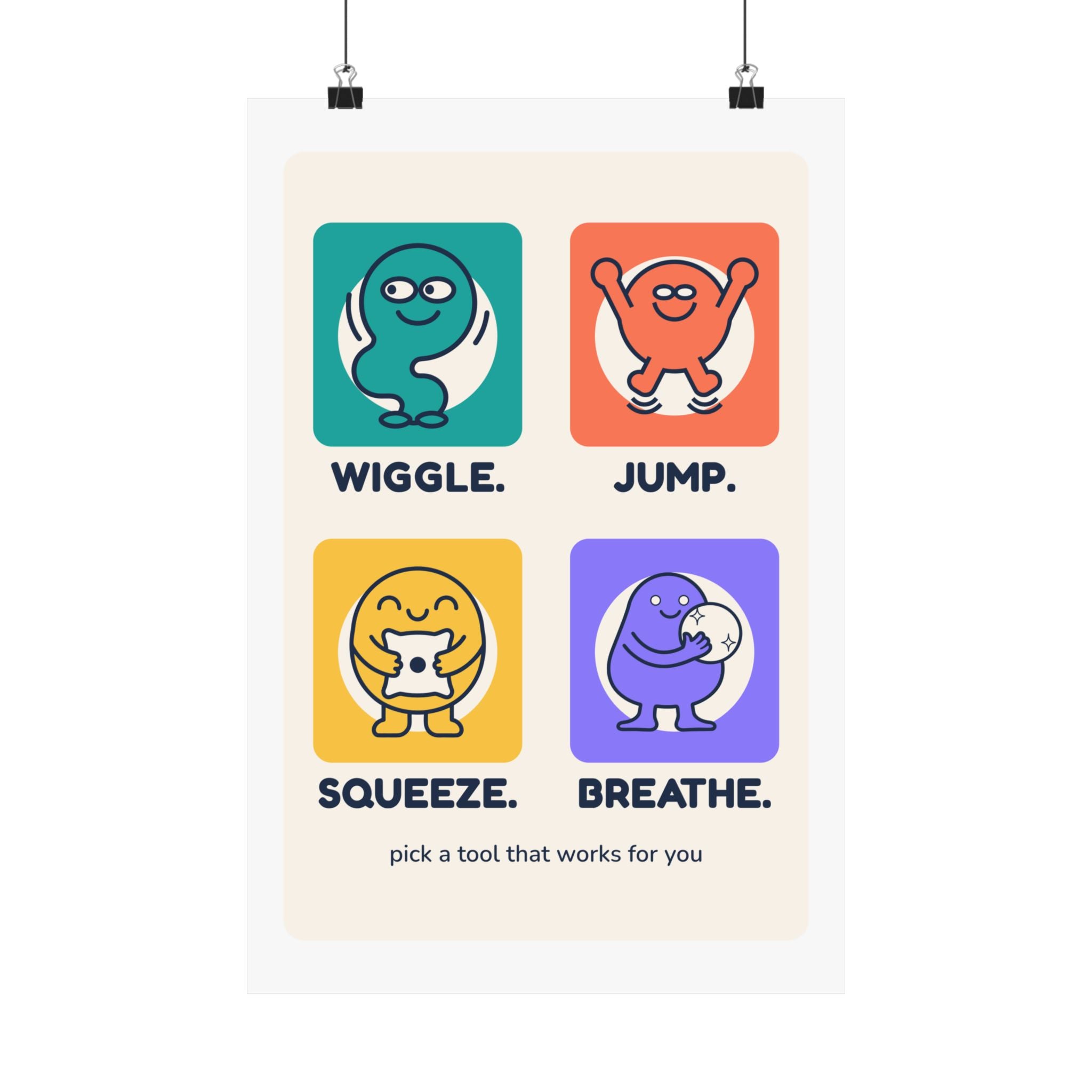 Wiggle Jump Squeeze Breathe Poster — Therapy Clinic Decor
